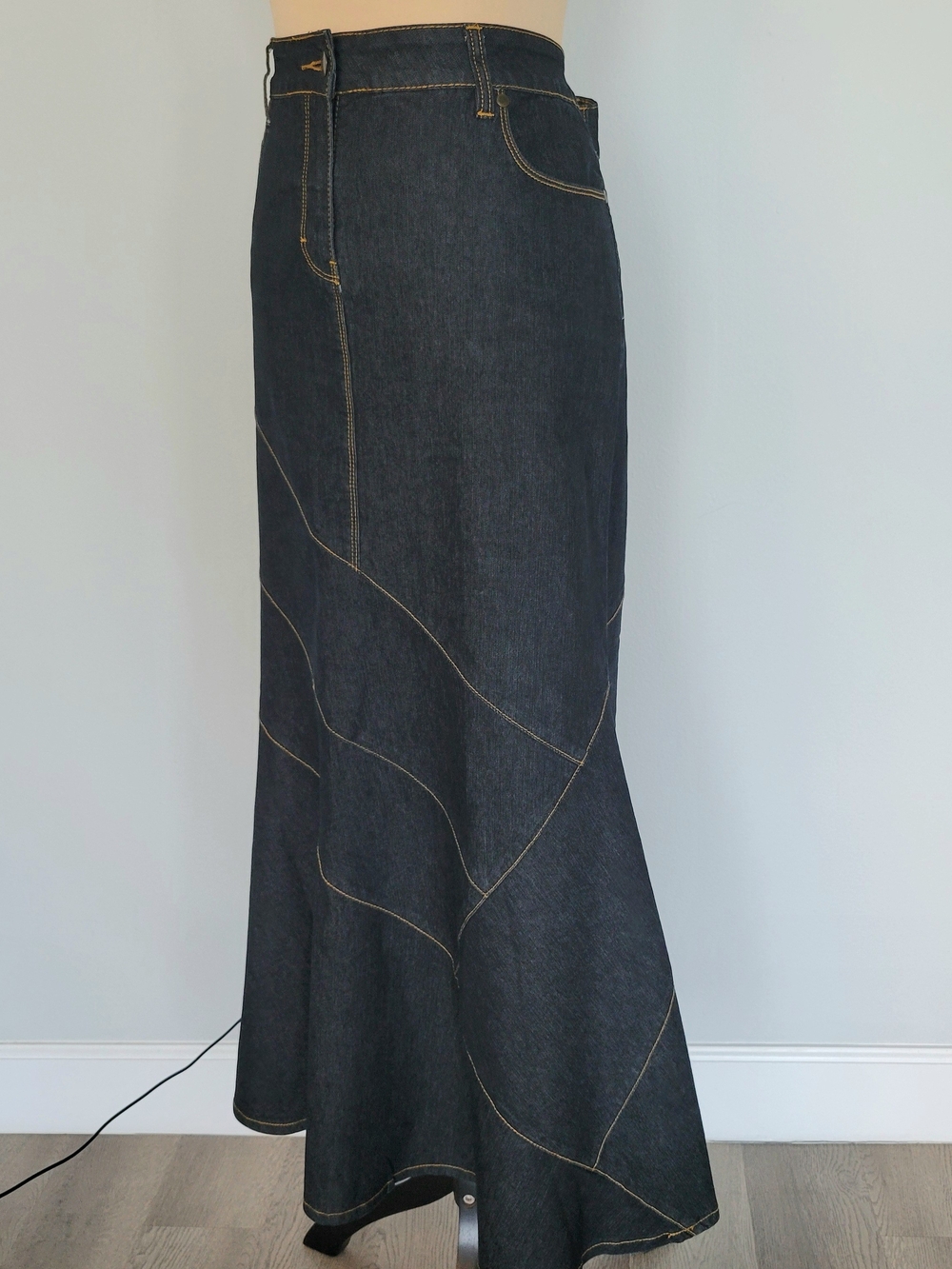 Vintage Bisou Bisou Y2K Dark Blue Denim Jeans Mermaid Trumpet Maxi Skirt Size 14 - Picture 7 of 15